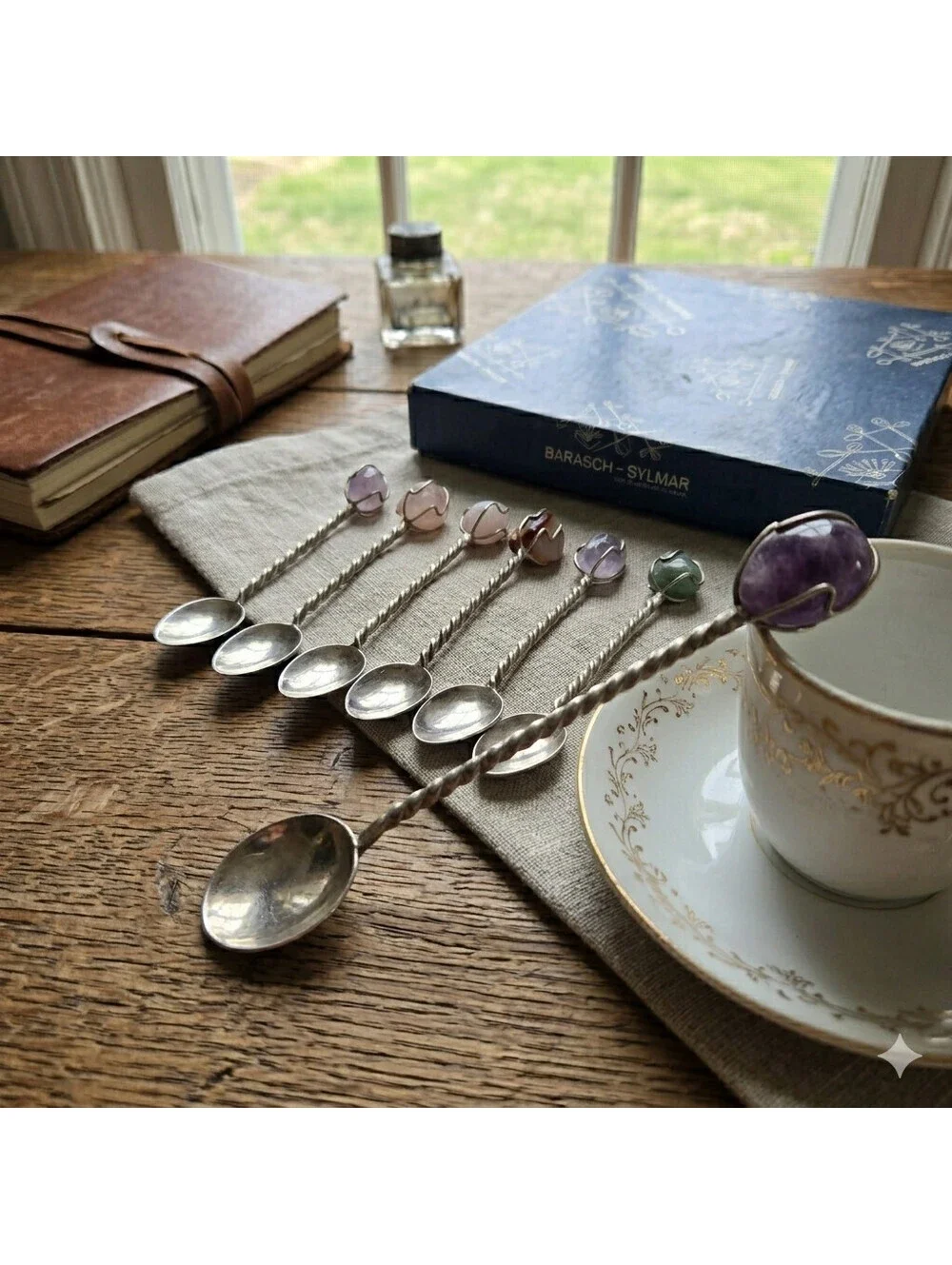 Vintage Barasch Sylmar Brasil Set 7 Twisted Stem Demitasse Spoons Caged Stones
